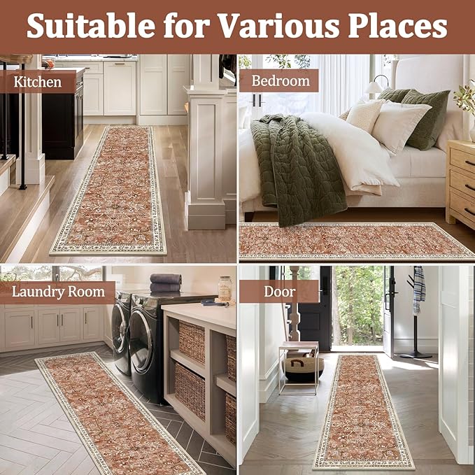 Yamaziot 2x8 Washable Hallway Runner Rug Non Slip Floral Carpet, Brick-red | - Image 7