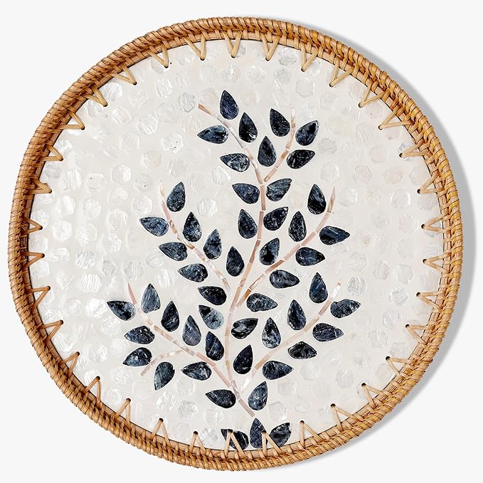 Round Rattan Tray with Mother of Pearl Inlay & Wooden Base - Decorative Wicker Serving Tray for Coffee/Bread/Fruits, Food Storage & Display - Multipurpose Home Decor (M,Little Tree)