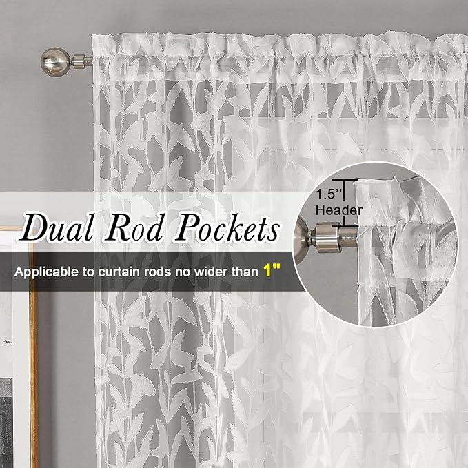 Lecloud Leia Ivory Sheer Curtains 72 Inches Long 2 Panels, Jacquard Texture - Image 5