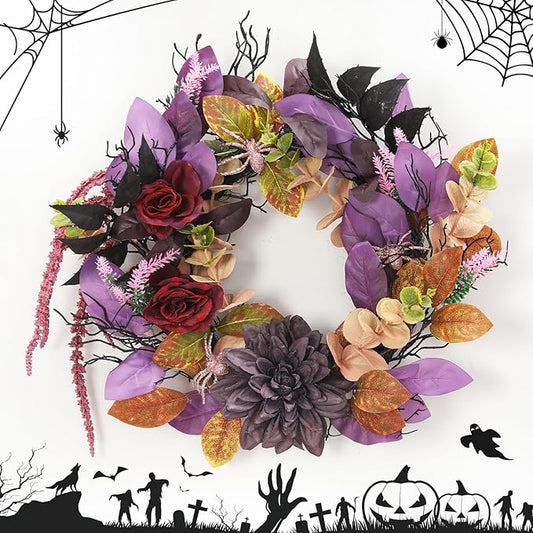 GarveeHome 18 Inch Halloween Wreath, Halloween Garland with Artificial Roses & Spiders, Indoor Outdoor Holiday Accent Decoration for Front Door Porch Wall Home Party Window, Red & Purple