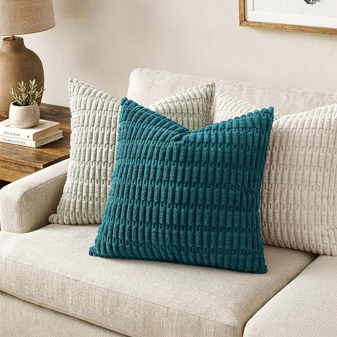 MIULEE Corduroy Decorative Throw Pillow Covers 16x16 Teal Pack of 2 | Soft Boho - Image 2