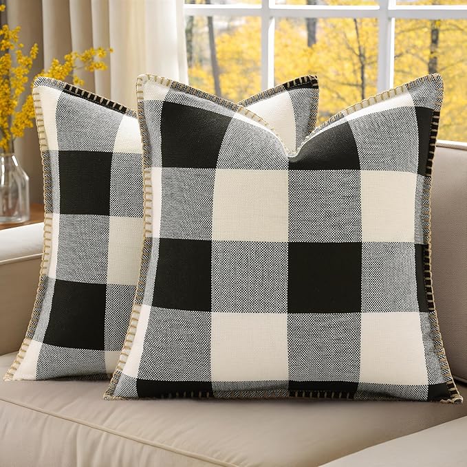 decorUhome Buffalo Plaid Check Throw Pillow Covers 16x16 Set of 2, Outdoor Decorative Farmhouse Neutral Pillow Covers with Stitched Edge for Bed Couch Sofa, Black and White