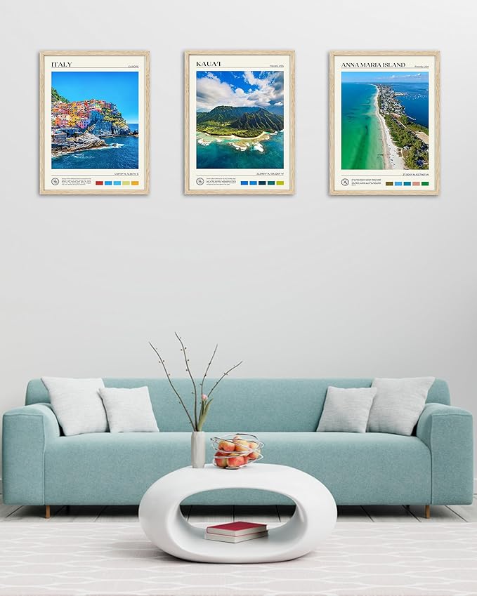 HesenDot Natural OAK Wood Framed Cinque Terre National Park Wall Art,12x16in Italian Natural Seascape Canvas Wall Print,Classic Urban Landmark Wall Decor for Living Room, Bedroom,Office Set of 1