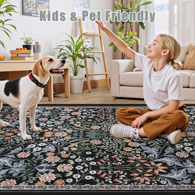 PLHXFR Area Rug Living Room: 5x7 Floral Washable Boho Carpet Dark Black | - Image 8