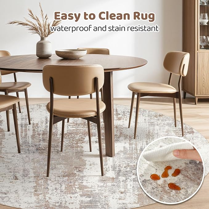 LOONGRUG Round Rug 7x7 Washable Large Neutral Modern Area Rugs Brown | Abstract - Image 4
