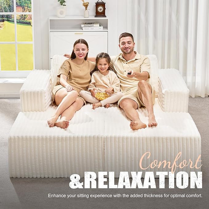 Hobestluk Modular Sectional Sofa Memory Foam Couch Sofa Bed Loveseat with Chaises Cloud Couch with Removable Cover Large Sectional Couches for Living Room (Strip White, Sofa Bed)
