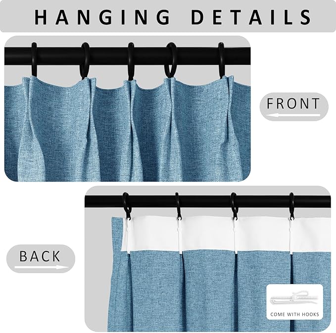 Macochico Pinch Pleated Full Blackout Curtains for Bedroom Living Room Blue Linen Curtains Thermal Insulated and Noise Reducing Window Panels with Tieback Shabby Chic Decor 84”Wx84”L 1 Panel