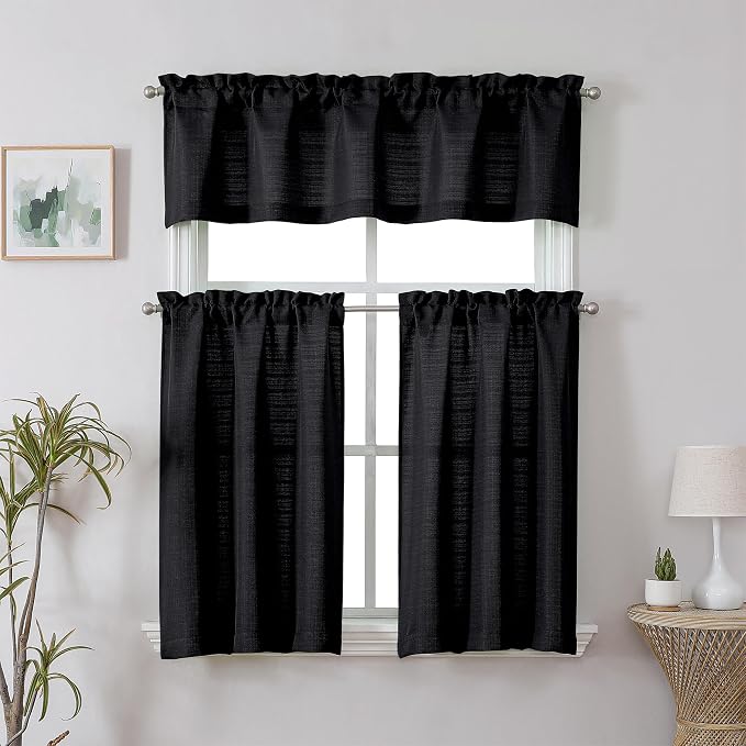 Chyhomenyc Black Valance for Windows, Light Filtering Faux Linen Decorative - Image 2