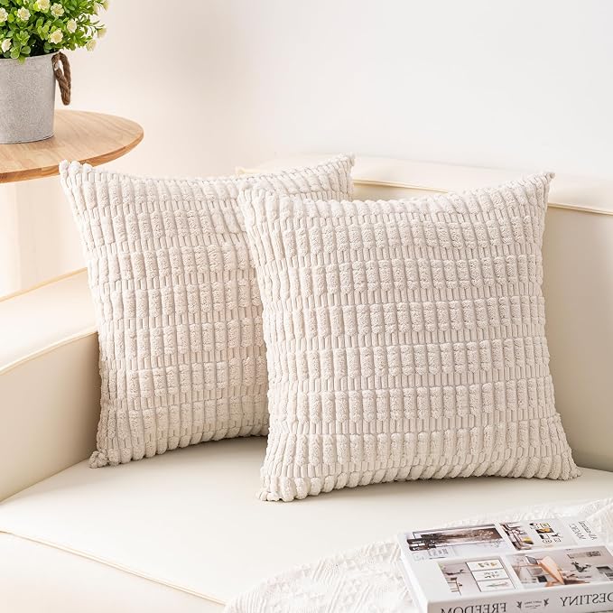 Pack of 2 Corduroy Decorative Throw Pillow Covers 22x22 Inch, Cream White | by Unknown