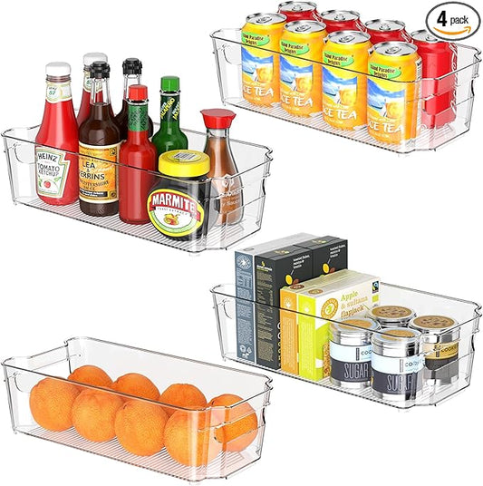 Clear Fridge Organizer, Refrigerator Organizer Bins with Handle, Freezer, Kitchen Cabinet, Pantry Organization, BPA Free Fridge Organizers (12.4 inch 4 Pack)