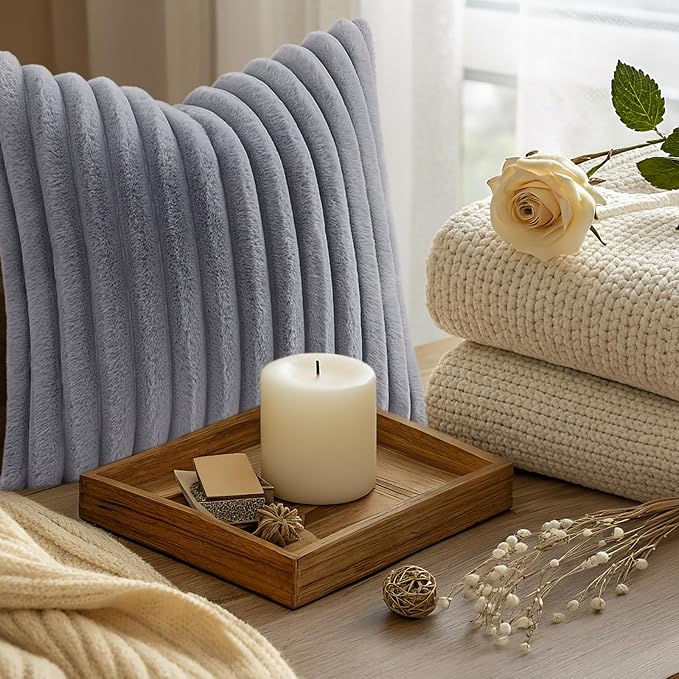 decorUhome Fall Faux Fur Throw Pillow Covers 26x26 Set of 2 Grey | Decorative - Image 9