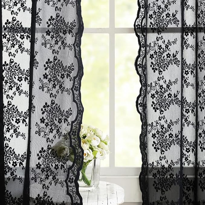 YJ YANJUN Vintage Lace Curtains 84 Inches Long-Victorian Floral Pattern Black - Image 2