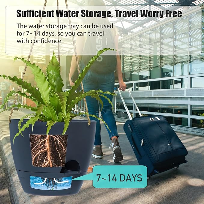 10 Inch Self Watering Hanging Pots, 2 Pack Hanging Planters with 40oZ Deep Reservior for Indoor Outdoor Plants Flowers, Black