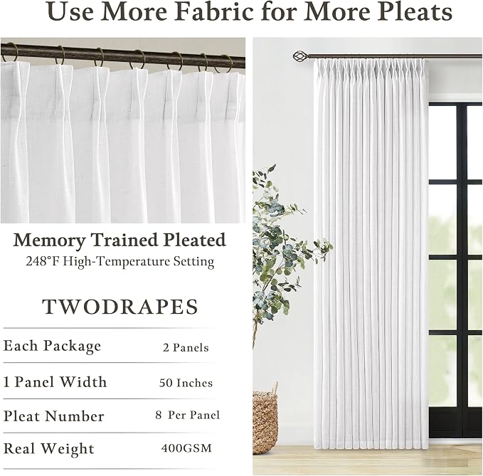White Thick Linen Pinch Pleated Semi Sheer Curtains 132 Inches Long 2 Panel | - Image 4