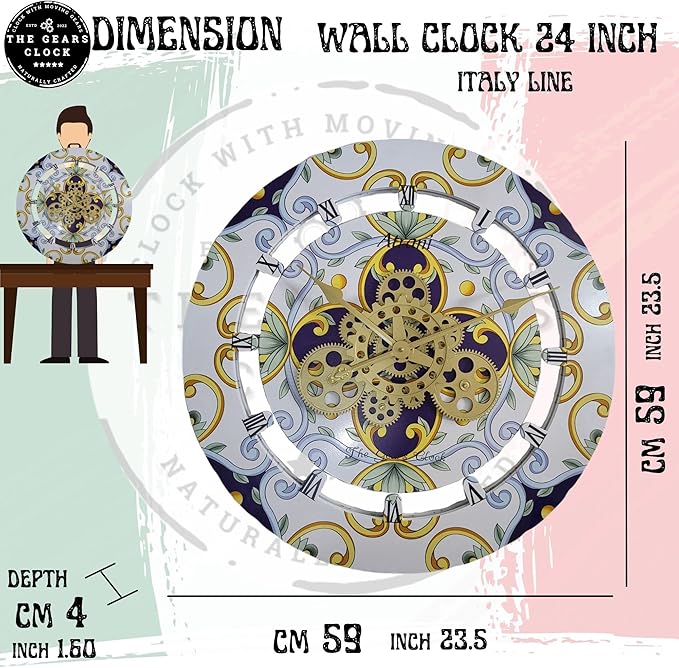 The Gears Clock Wall Clock Italy Collection with Moving Gears (Maiori, 24 inch Round)