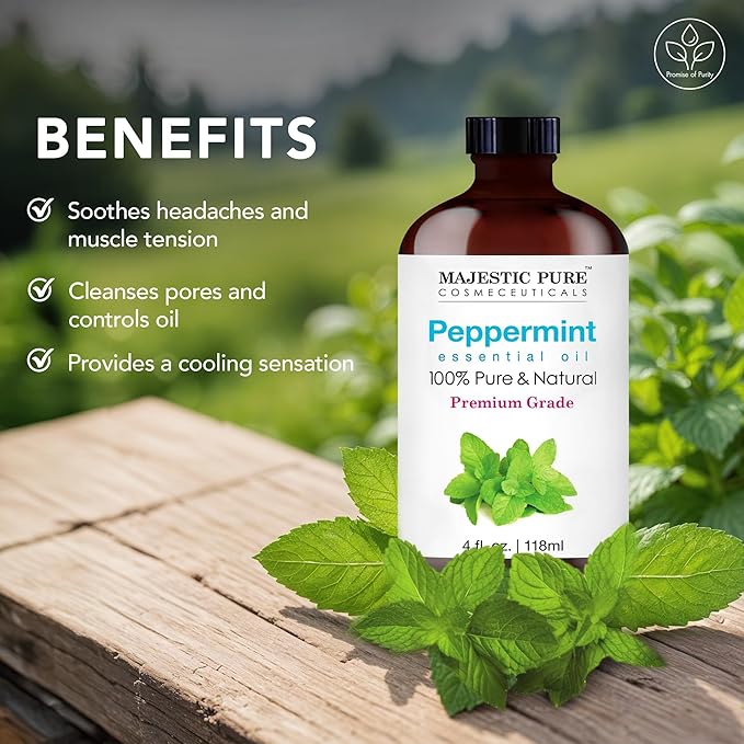 Majestic Pure Peppermint Essential Oil with Glass Dropper - Huge 4 Fl Oz - 100% Pure and Natural Peppermint Oil - Premium Grade Essential Oils for Diffuser, Aromatherapy, Soap and Candle Making