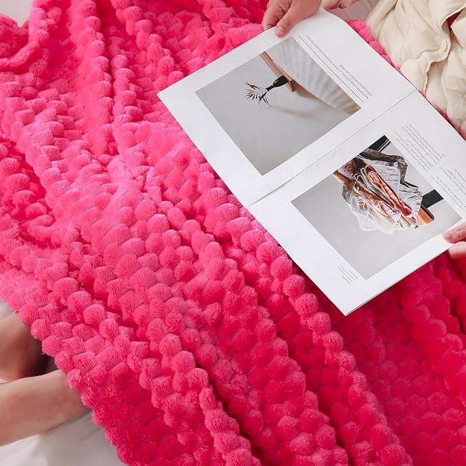 Puncuntex Hot Pink Throw Blanket 108"×90" inches Fuzzy 3D Jacquard Decorative - Image 2