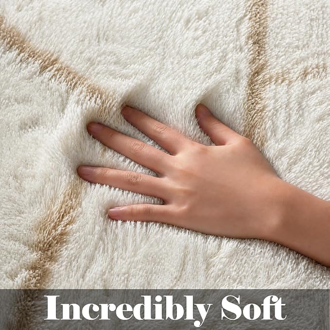 Area Rugs for Living Room, 5x8 Fluffy White and Beige Bedroom Geometric Rug | - Image 2