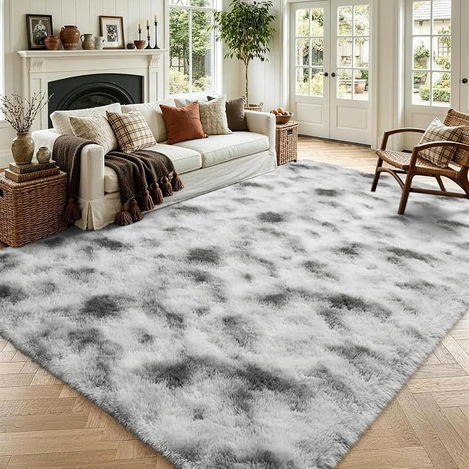 6x9 Large Tie-Dyed Grey and White Fluffy Area Rug Non-Slip by ModernHomeDecor