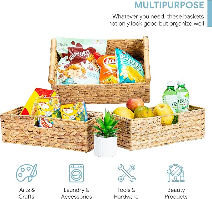 VATIMA Large Water Hyacinth Storage Baskets for Organizing with Wooden Handles for Shelves, 2 Bathroom Small Basket, Water Hyacinth Toilet Paper Baskets, Set of Natural Wicker Storage Basket for Home