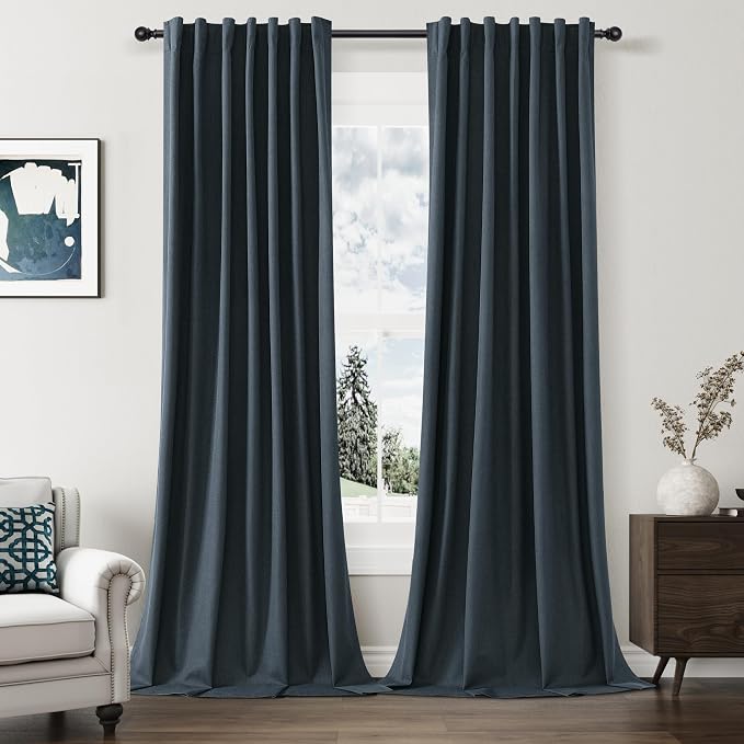 Vintage Blue 100% Blackout Linen Curtains 108 Inch Length 2 Panels Set by Guken