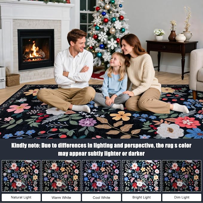 PLHXFR 3x10 Washable Runner Rug：Floral Indoor Kitchen Soft Carpet Black | - Image 9