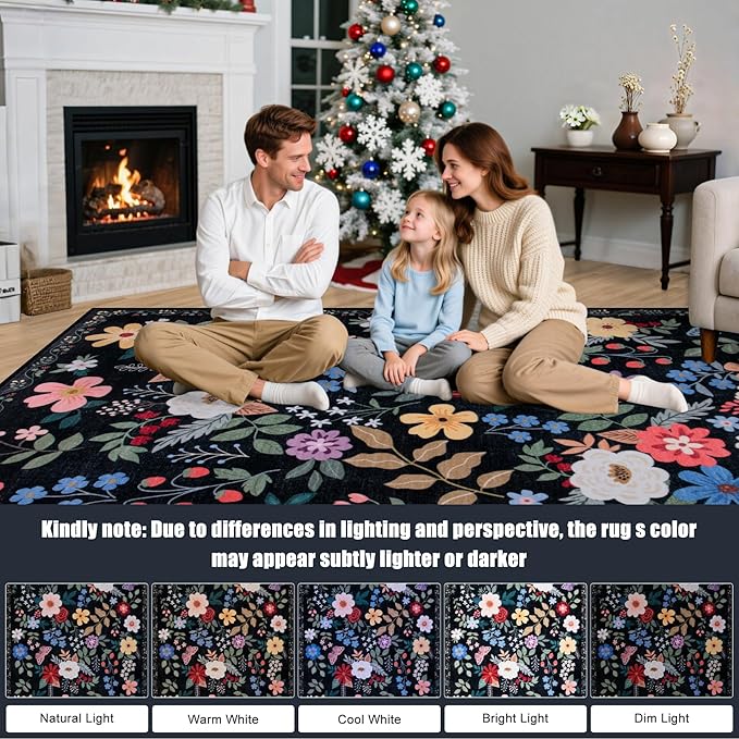 PLHXFR Area Rug Living Room: 3x5 Floral Washable Boho Soft Carpet Black | - Image 9