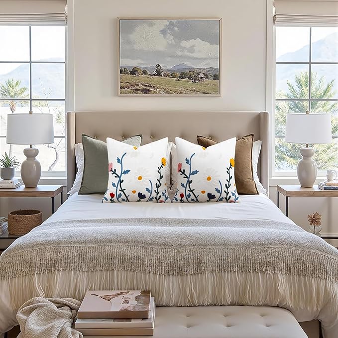 Merrycolor Embroidered Pillow Covers 18x18 Flower Pattern Decorative Throw Pillow Covers Comfortable Cotton Canvas Square Cushion Cases for Sofa Bed Living Room Decor