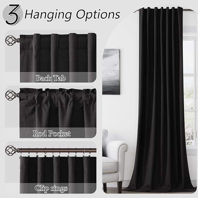 Guken Black 100% Blackout Linen Curtains 102 Inch Length 2 Panels Set - Image 6