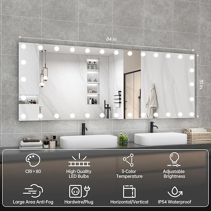 Hasipu LED Bathroom Mirror with Lights, 84" x 31" Hollywood Wall-Mounted Bathroom Mirror with 32 Dimmable Bulbs, 3 Colors Modes, Touch Control, Anti-Fog, Memory Function, Shatter-Proof, ETL Listed