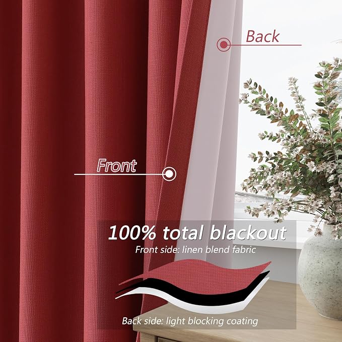 Guken Red 100% Blackout Linen Curtains 90 Inch Length 2 Panels Set - Image 3