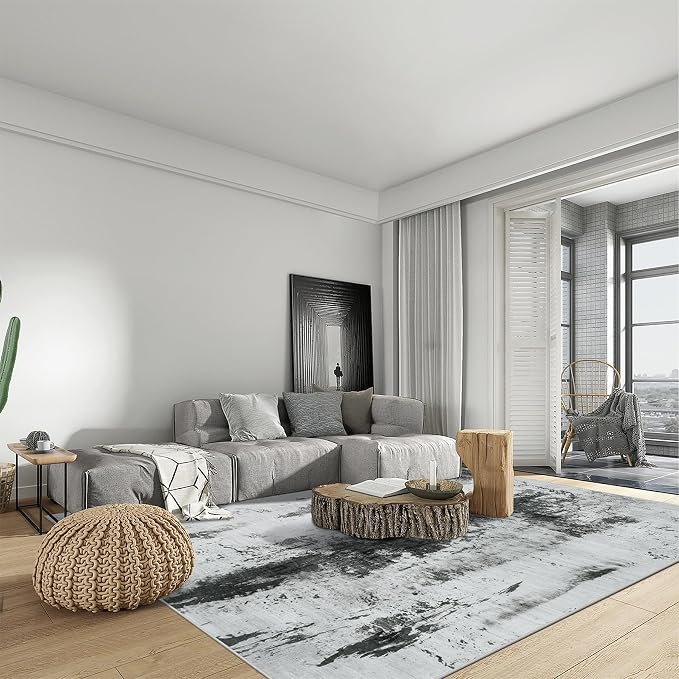 6x9 Area Rugs for Living Room: Washable Abstract Black White Grey Carpet | - Image 3