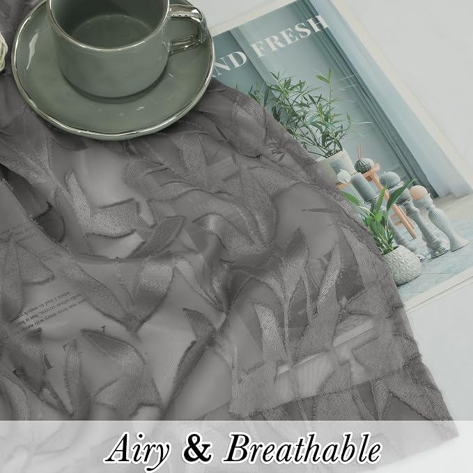 Lecloud Leia Charcoal Grey Sheer Curtains 120 Inches Long 2 Panels, Jacquard - Image 7
