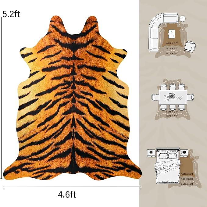 AROGAN Premium Tiger Print Rug 4.6x5.2 Feet, Machine Washable Faux Fur Rug - Image 2