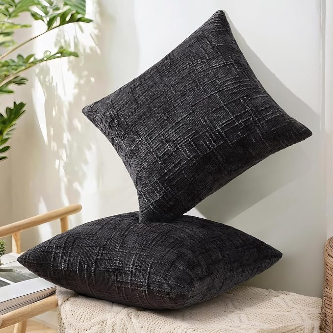 decorUhome Black Chenille Throw Pillow Covers 18x18 Set of 2 Textured Soft Cozy - Image 7
