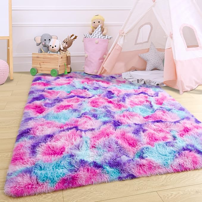 5x7 Tie-Dyed Pink Purple Blue Fluffy Area Rug Non-Slip - Image 6