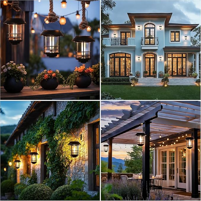 Otdair Solar Lanterns Outdoor Waterproof 2 Pack, Auto On/Off Hanging Solar Lights for Outside with Wall Mount, Glass Outdoor Lighting Outdoor Decorative for Wall, Front Porch, Yard, Garden, Fence