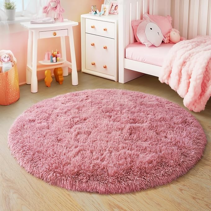 4'x4' Blush Round Rugs for Girls Bedroom, Ultra Soft Fluffy Circle Rug for Kids - Image 8