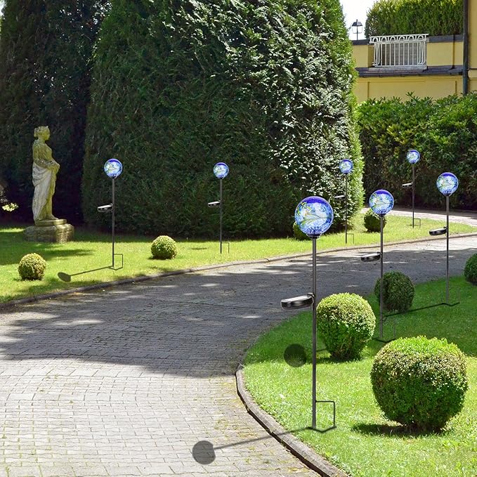 Solar Lights Outdoor Decorative Solar Outdoor Decorative Glass Ball Stakes Waterproof Garden Stake Glass LED Garden Globe Lights for Pathway Yard Lawn Decoration Blue