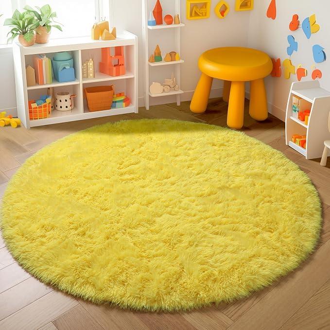 Amdrebio Yellow Round Plush Shag Area Rug 4Ft - Image 5