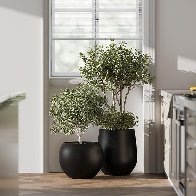 DTY Signature Mount Sherman Lightweight Durable Modern Fiberstone Sphere Planter for Indoor & Outdoor Drainage Hole & Rubber Plug Weather Resistant, 17" H x 21" Dia 14.4" Pot Opening - Large, Black