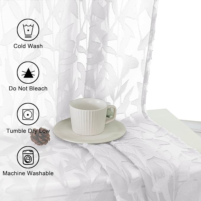 Lecloud Leia White Sheer Curtains 108 Inches Long 2 Panels, Airy Jacquard Leaf - Image 6