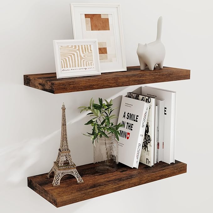 24 x 9 Floating Shelves, 9 Inch Deep Floating Shelf Wall Mounted, 24 Inch Bathroom Shelves Set of 2, Rustic Wood Wall Shelf for Bedroom, Living Room, Rustic Brown Color