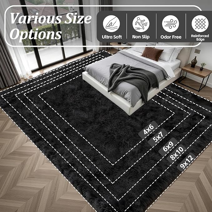 Area Rug Living Room Bedroom: 4x6 Fluffy Plush Shag Carpet Black | - Image 9