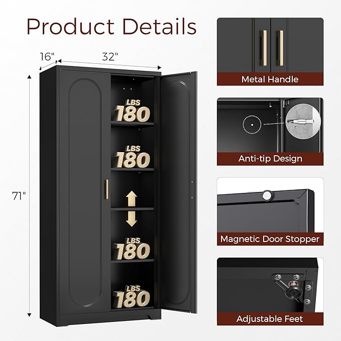 71" Tall Metal Pantry Cabinet with 4 Adjustable Shelves and Gold Handles Heavy-Duty Steel Storage for Kitchen, Dining Room or Office