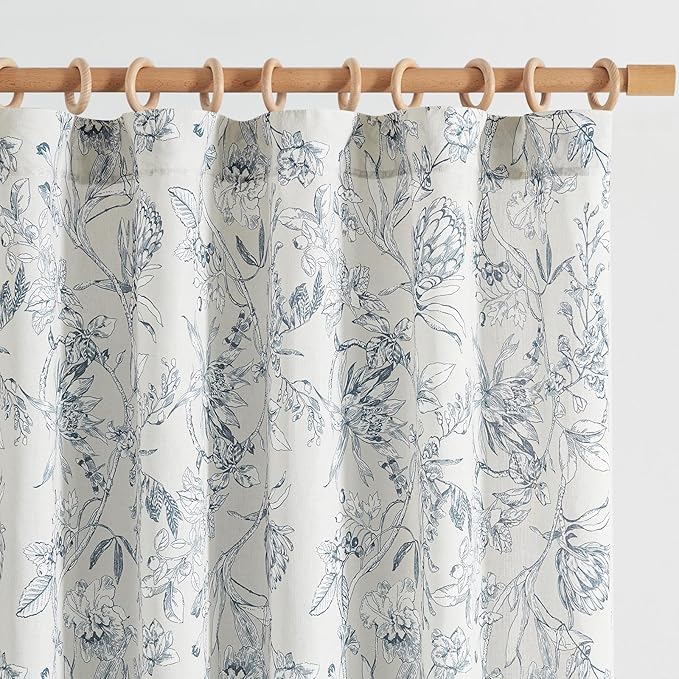 jinchan Floral Curtains 90 Inch Length Blue Flower Linen Farmhouse Curtain by JINCHAN