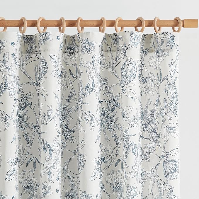 jinchan Floral Curtains 108 Inch Length Blue Flower Linen Farmhouse Curtain by JINCHAN