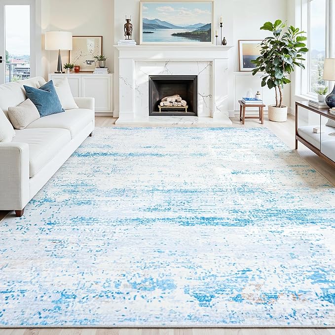 9x12 Washable Area Rug for Living Room Bedroom: Non-Slip Modern Light Blue | by Oriannal