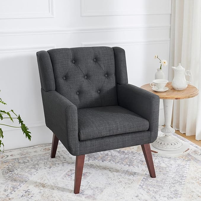Accent Chair Button-Tufted Upholstered Living Room Chairs Comfy Reading Chair Mid Century Modern Chair with Linen Fabric Lounge Arm Chairs for Living Room Bedroom (Grey Set of 2)
