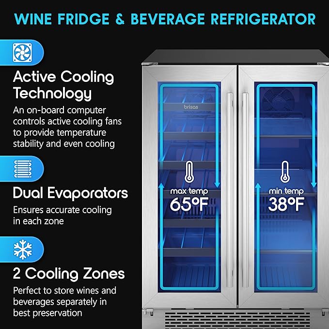 Zephyr Brisas 24 Inch Wine Fridge Dual Zone Under Counter Countertop Wine and Beverage Cooler Cabinet Home Bar Drink Beer Freestanding Refrigerator with French Door 21 Bottles 64 cans